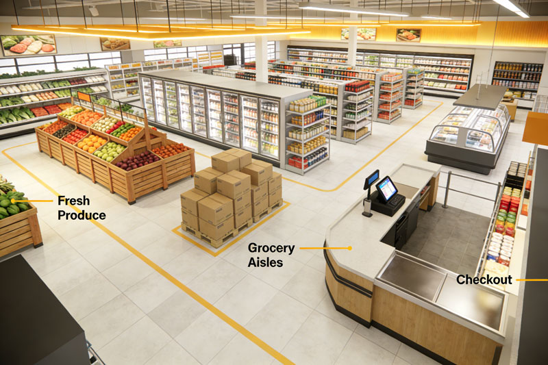 Supermarket aisle with heavy-duty gondola shelving fully stocked with packaged grocery products and seasonal endcap promotional display