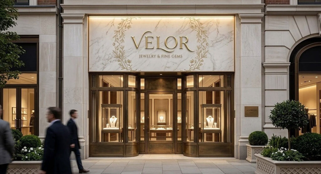 Sleek multi-functional jewelry store counter with built-in display cases, hidden storage, and consultation area for small boutique shops