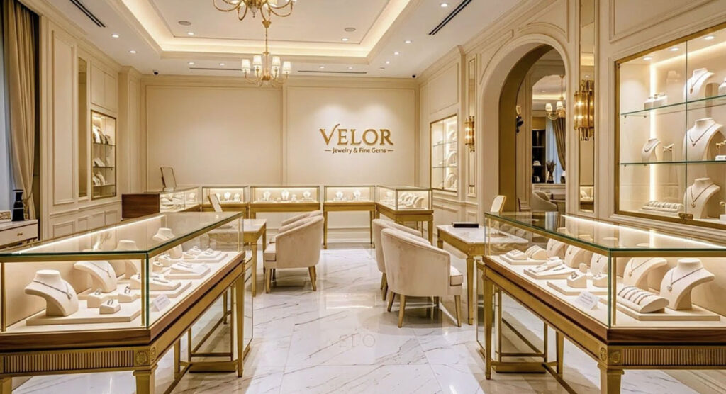 Modern vertical display shelves for small jewelry stores showing earrings and necklaces organized efficiently to save floor space