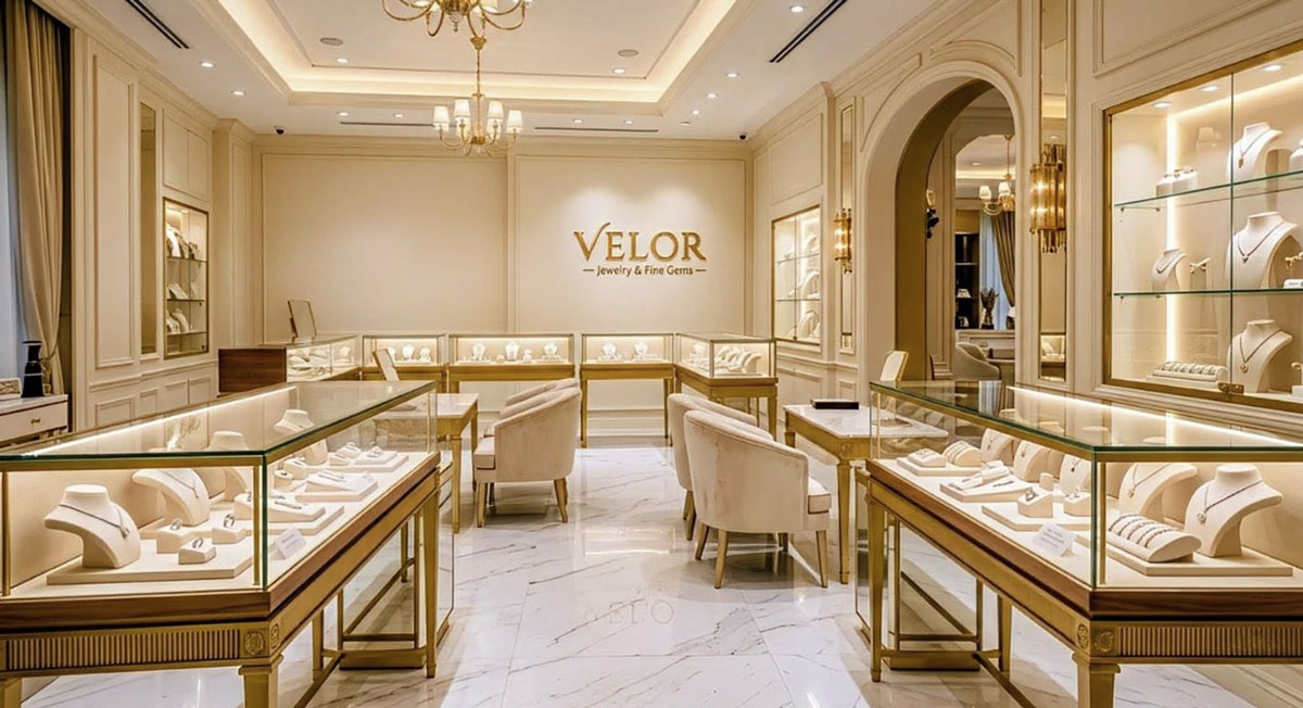 Modern vertical display shelves for small jewelry stores showing earrings and necklaces organized efficiently to save floor space