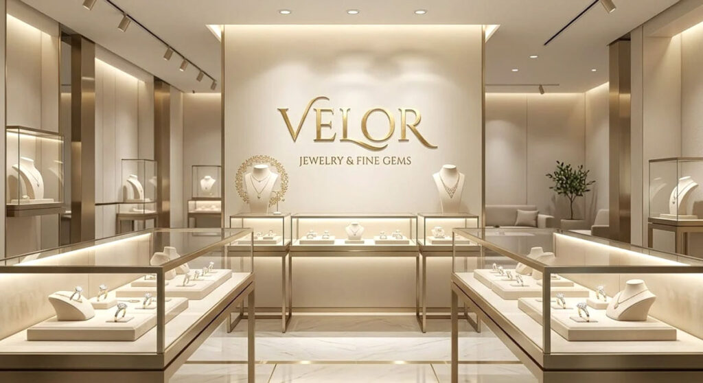 Concealed storage solutions and organized backstock system for clutter-free small jewelry store interior design