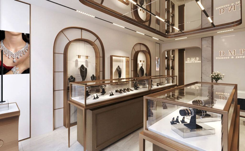 Professional LED lighting setup highlighting diamond rings and gemstones in a compact jewelry store for maximum sparkle