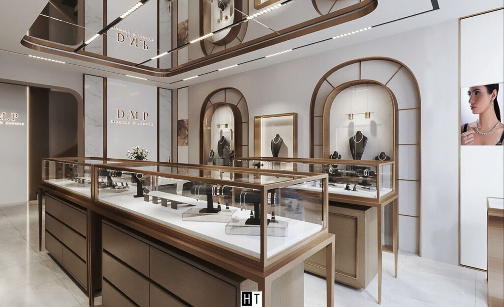 Strategic mirror placement creating illusion of space in small jewelry boutique with full-length mirrors reflecting displays