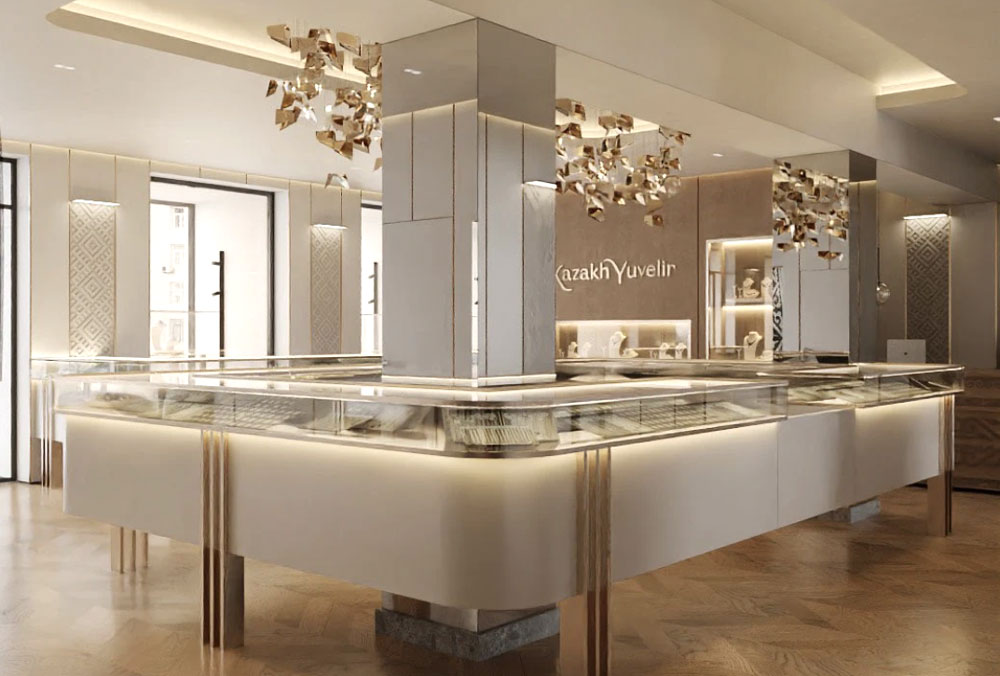 Augmented reality smart mirror showing a customer virtually trying on a diamond necklace