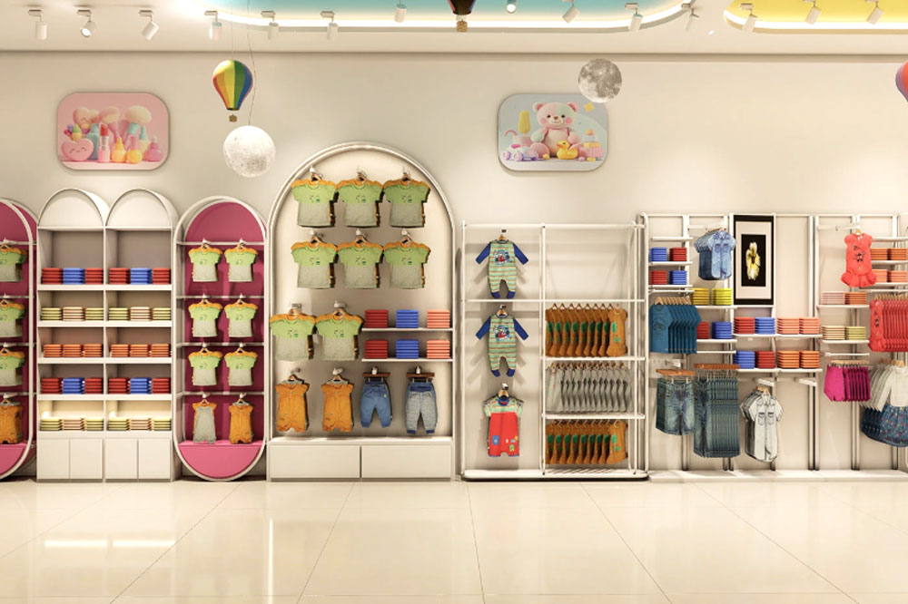 Infant clothing section with soft pastel colors and premium display materials