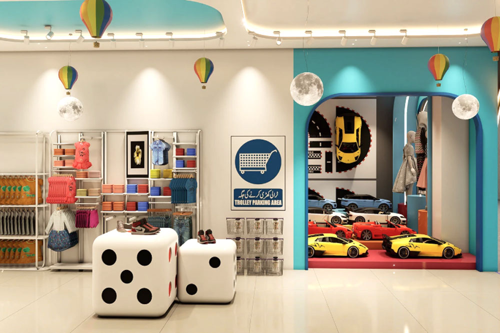 Family-friendly fitting room with full-length mirrors at adult and child heights