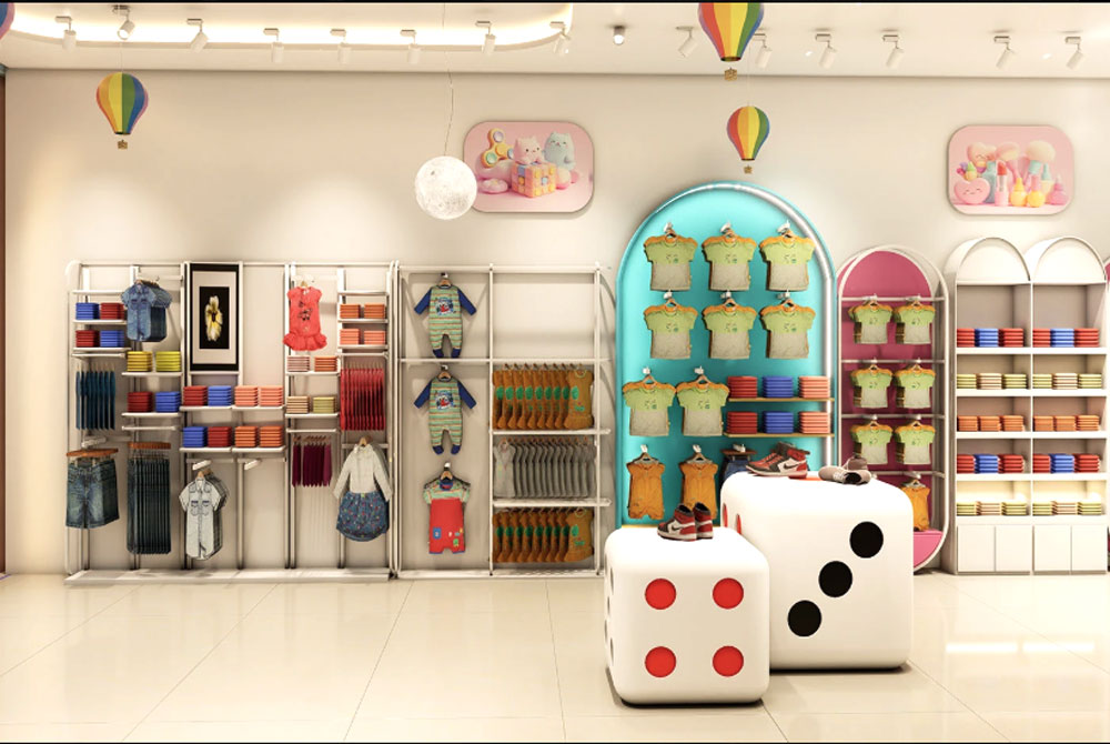 Modern children's clothing store interior with colorful display fixtures and organized clothing racks