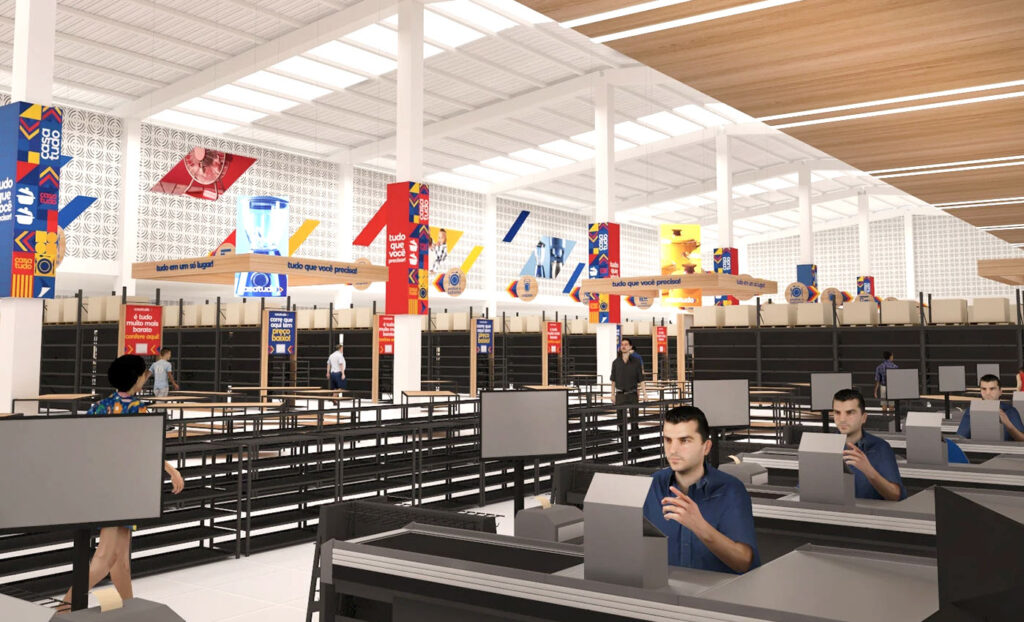 Heavy-duty gondola shelving used in supermarkets to support large product loads.