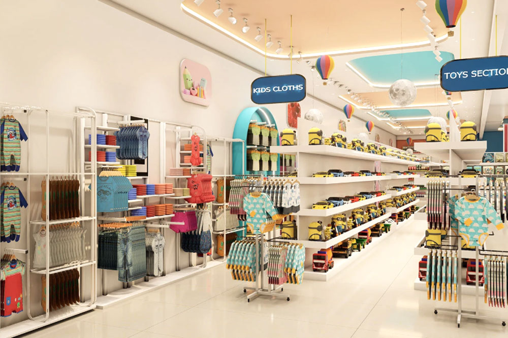 In-store play area with coloring table keeping children engaged while parents shop