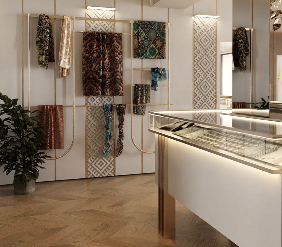 Luxury jewelry store interior with illuminated glass display cases and modern retail design