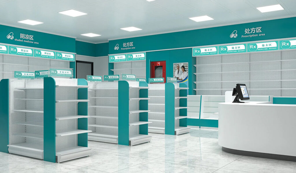 Pharmacy interior with organized OTC product shelving, elevated prescription service counter, and professional healthcare retail design