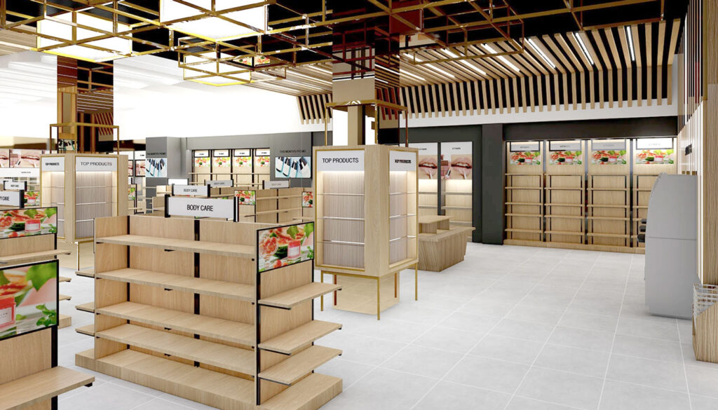 Vertical color blocking on shelves to help shoppers scan products easily.