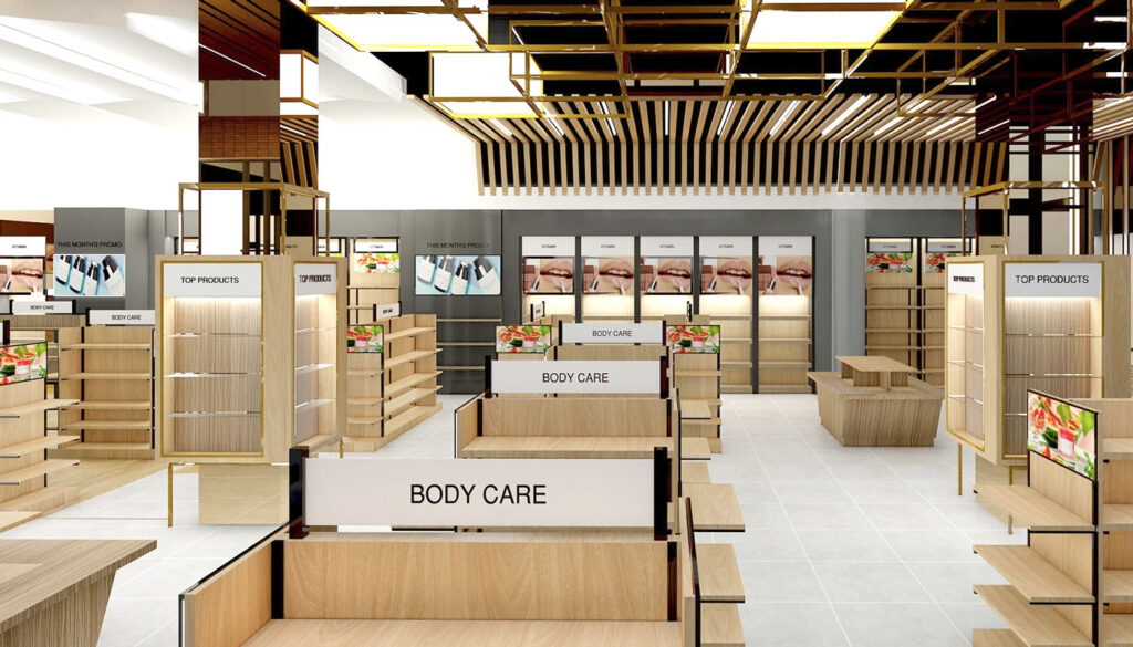 Well-organized retail shelves with neat spacing and clear product facings.