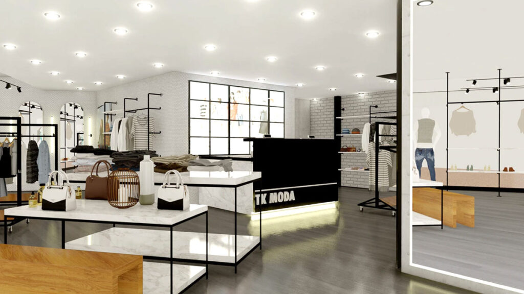 3D walkthrough view of a retail store floor plan with shelving units and cash wrap area