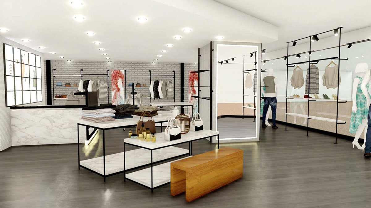 Fashion clothing store cashier zone with modern wooden wrap-around counter, LED pendant accent lighting, and tiered impulse-buy accessory display