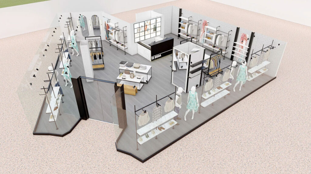 3D retail store layout rendering showing clothing racks, display tables, and customer flow zones