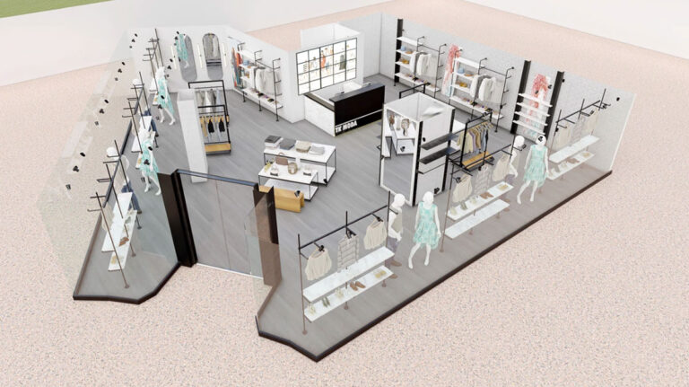 3D retail store layout rendering showing clothing racks, display tables, and customer flow zones