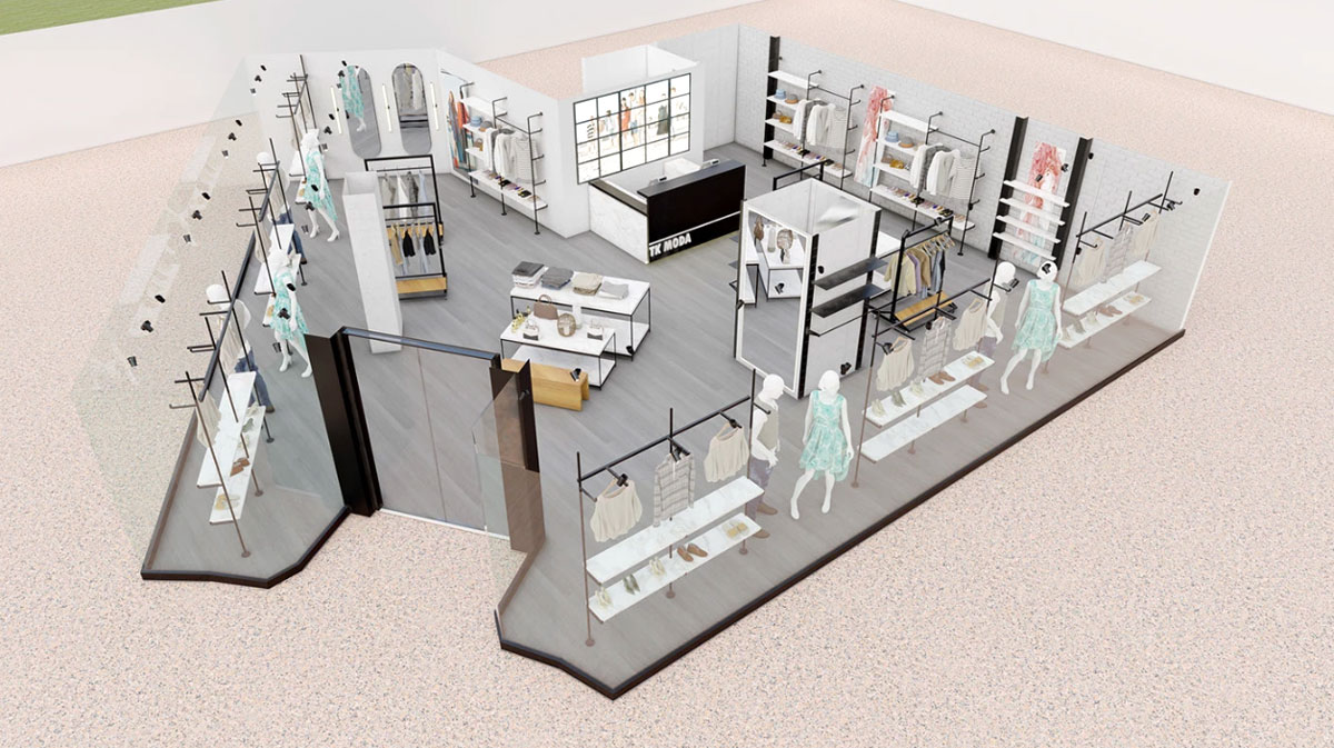 3D retail store layout rendering showing clothing racks, display tables, and customer flow zones
