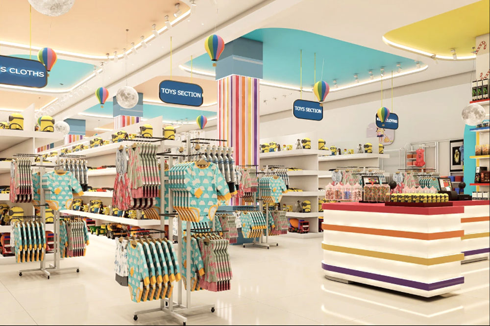 Toddler section with low-profile display bins and rounded-edge fixtures at child height