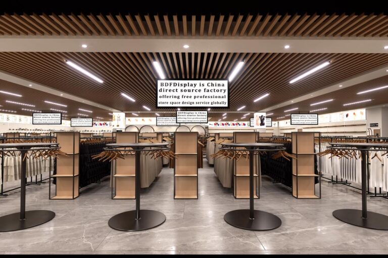 Multi-layer display shelves for casual apparel retail store goods arrangement