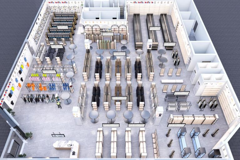 3D overall layout of casual fashion clothing store with free interior design service