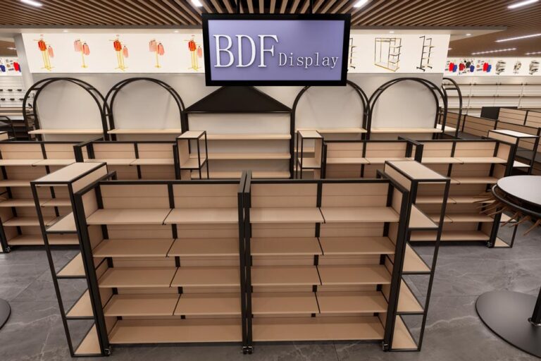 Fashion shoe display shelves inside casual clothing retail shop