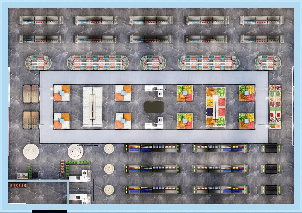 3D top view of modern supermarket layout, free retail grocery store interior design service