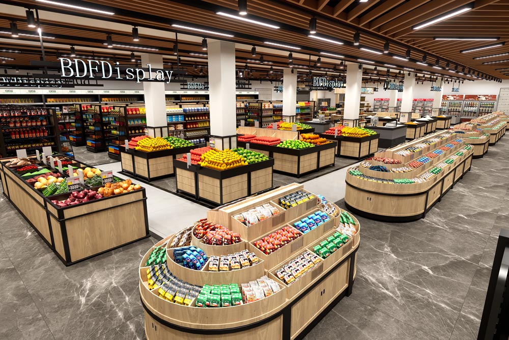 Supermarket fresh food area with custom refrigerated display stands and produce shelving