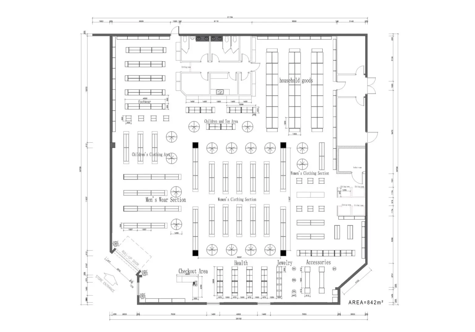 Aerial 3D perspective render of an 842sqm multi-department store with apparel racks and gondola shelving.