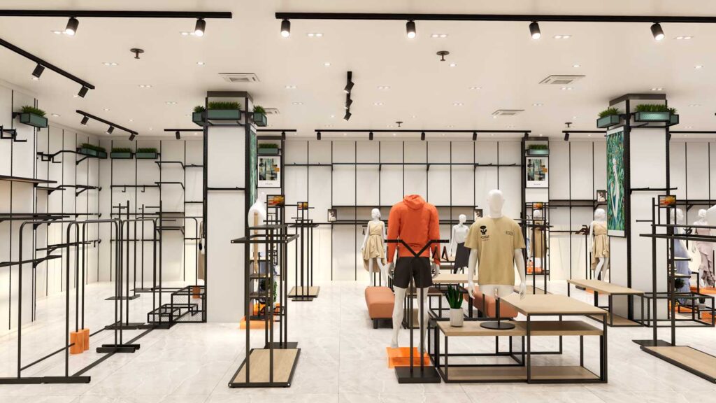 Clothing store interior view from window with custom retail display furniture and mannequin displays