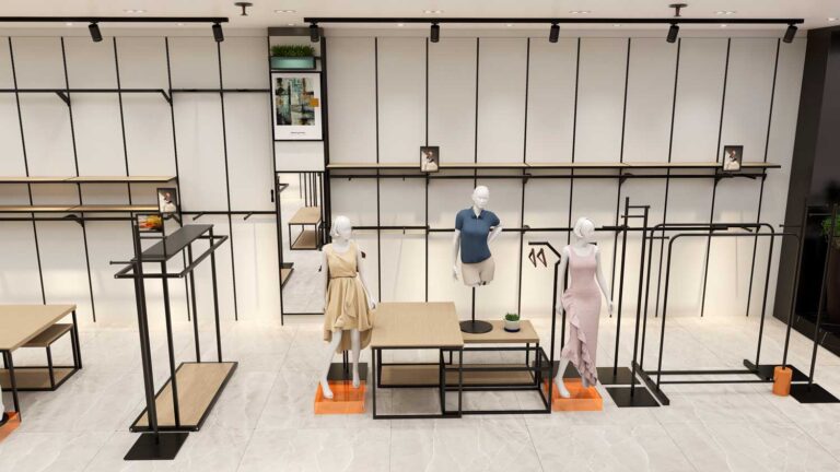 Wall display area adopting slatwall panel displays and matched hanging fixtures