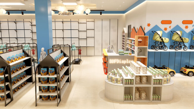 Baby product display area with multi-tier shelving in mom store