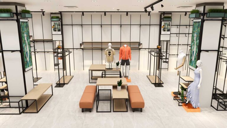 Central island display area for clothing store, fit for mannequins goods display