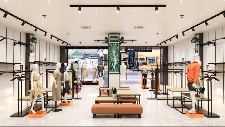 Fashion store window interior view with unified whole shop decoration style