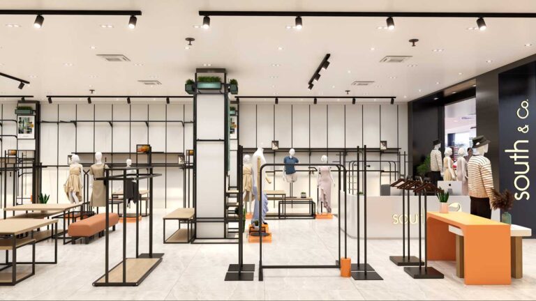 Store middle display zone with practical wire grid display and retail furniture