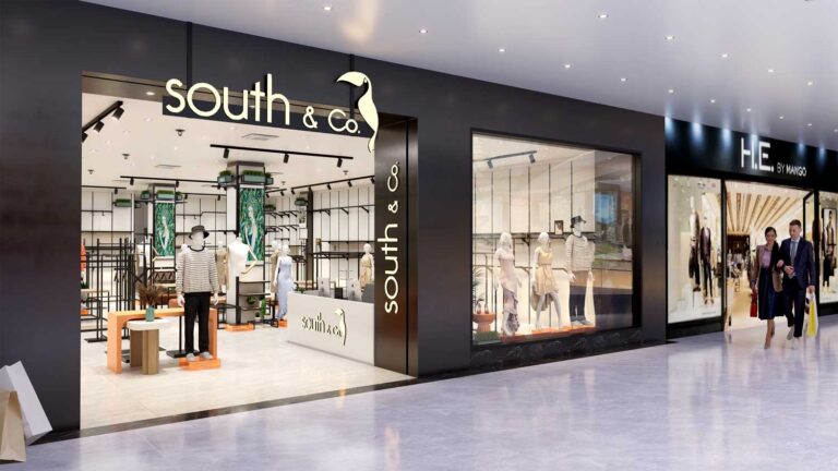 Modern fashion store front facade and glass window decoration design