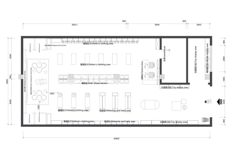 Kids clothing store floor plan with multi-category zone layout