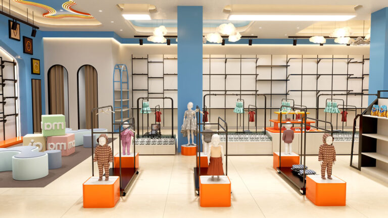 Kids mannequin display area in bright mom & baby clothing store