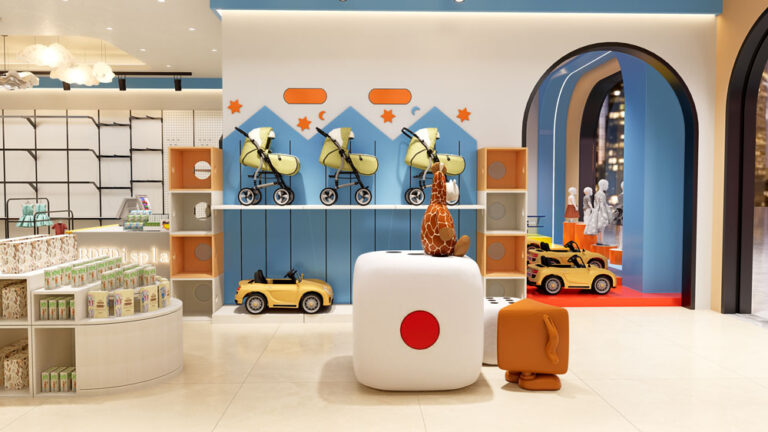 Wide shopping aisle design for comfortable mom & baby store experience