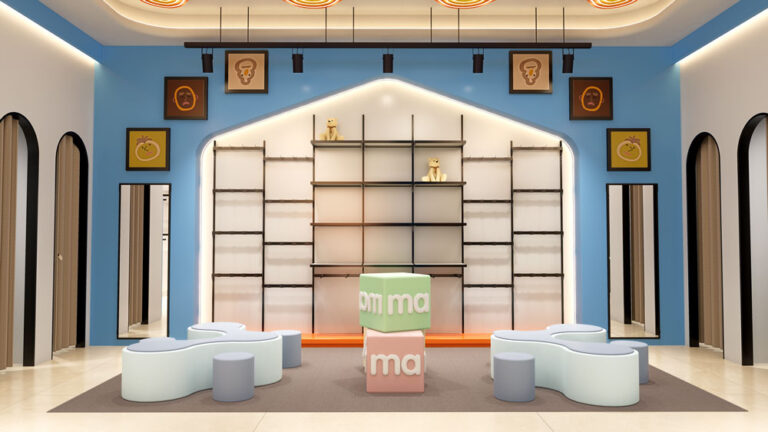 Kids store lounge area with soft seating and cute wall decoration