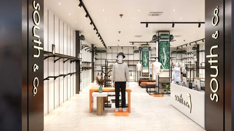Modern clothing store entrance interior design with custom wall display fixtures