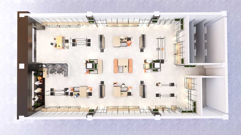 3D top view layout of modern clothing store, free retail shop interior design service
