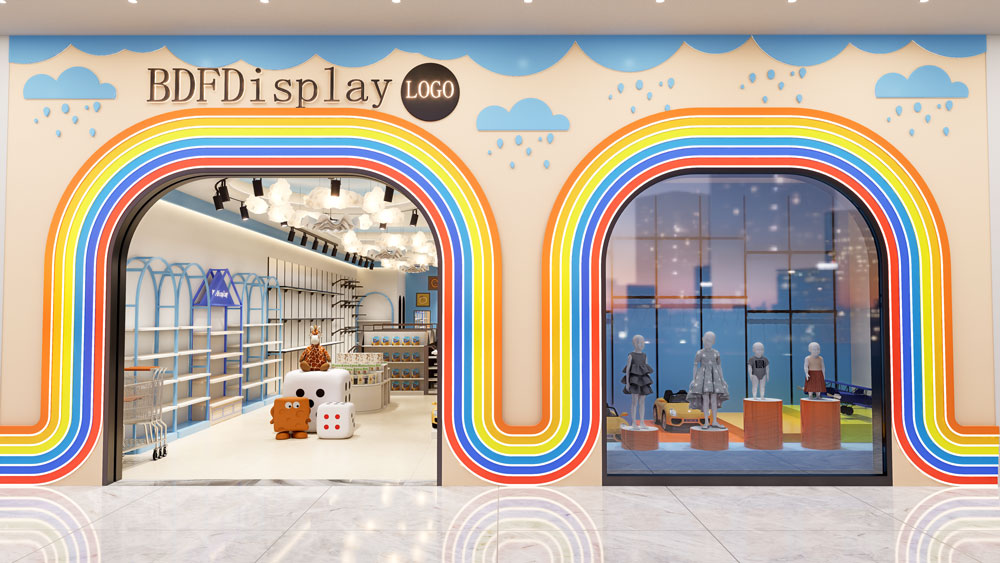 Mom & baby store front facade with rainbow arch entrance design