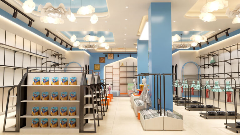 3D interior view of bright mom & baby store with free retail design service