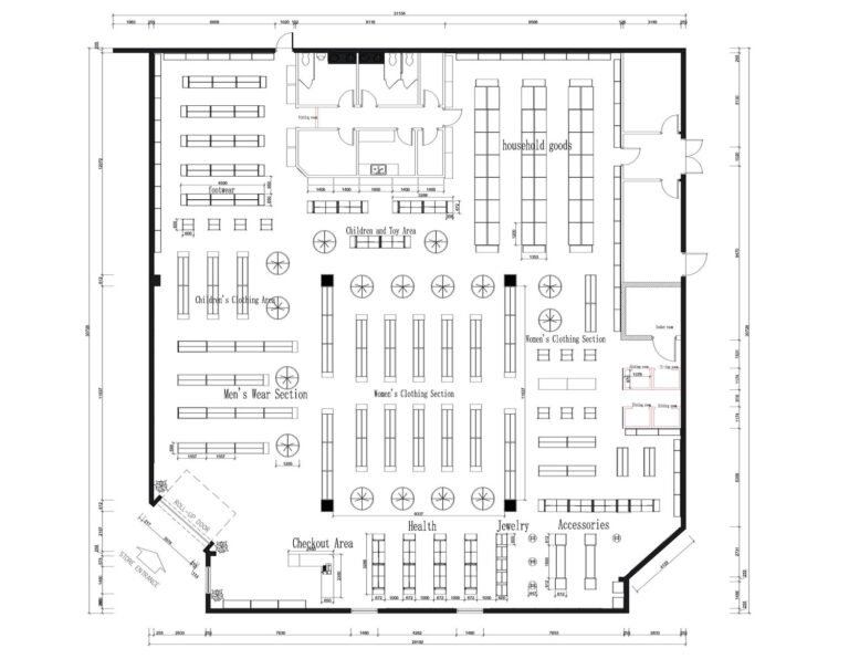 Floor plan of 650㎡ multi-category clothing store with zone division