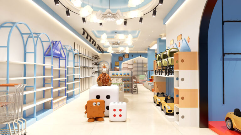 Toy display zone with cute fixtures in mom & baby retail store