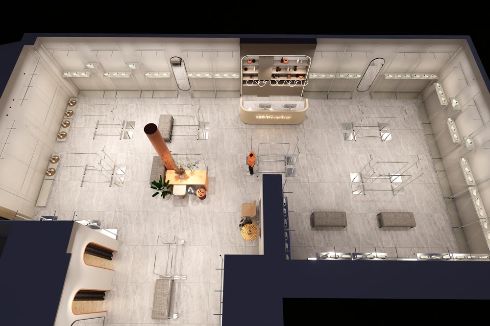 3D top view of modern fashion apparel store layout, free retail shop interior design service