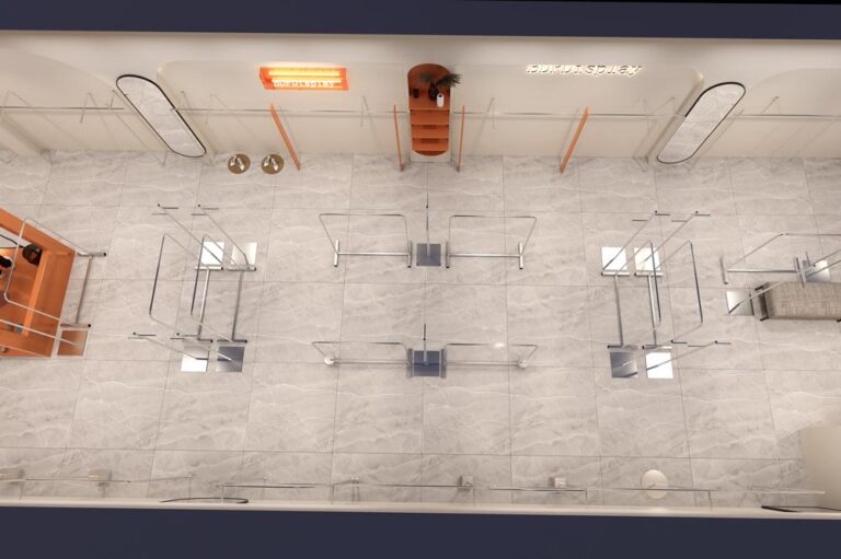 Modern clothing store middle display zone with metal clothing racks and wall fixtures