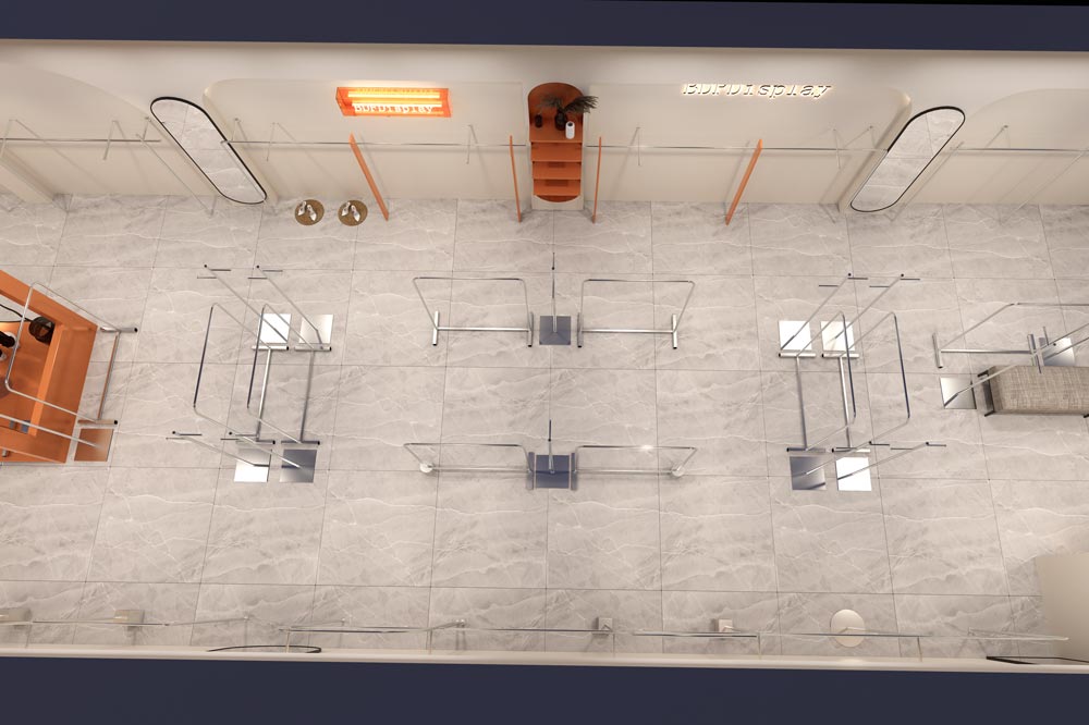 Modern clothing store middle display zone with metal clothing racks and wall fixtures