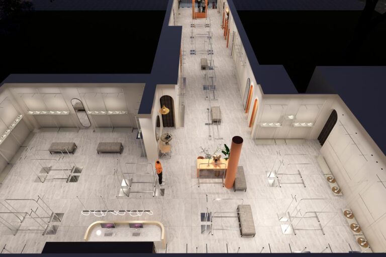 Wide 3D view of modern fashion store with optimized customer traffic flow design